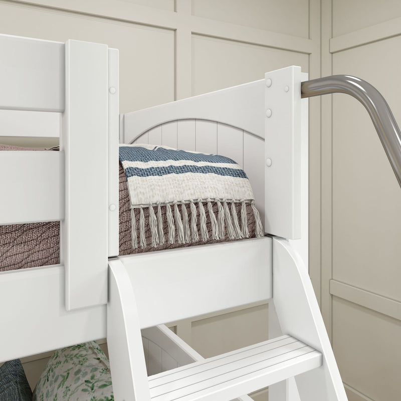 White wooden bunk bed with integrated ladder and storage, blue-striped quilt and tasseled throw in modern children's bedroom