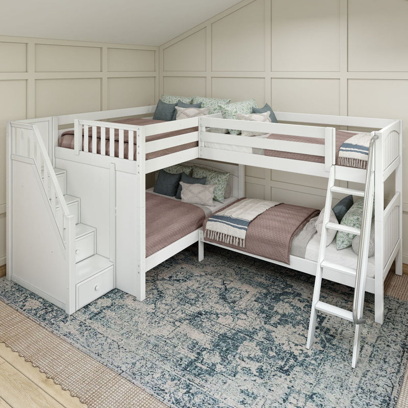 White L-shaped bunk bed with built-in staircase and storage, blush quilted bedding and floral pillows in a cozy kids' bedroom with board-and-batten beige walls and patterned area rug