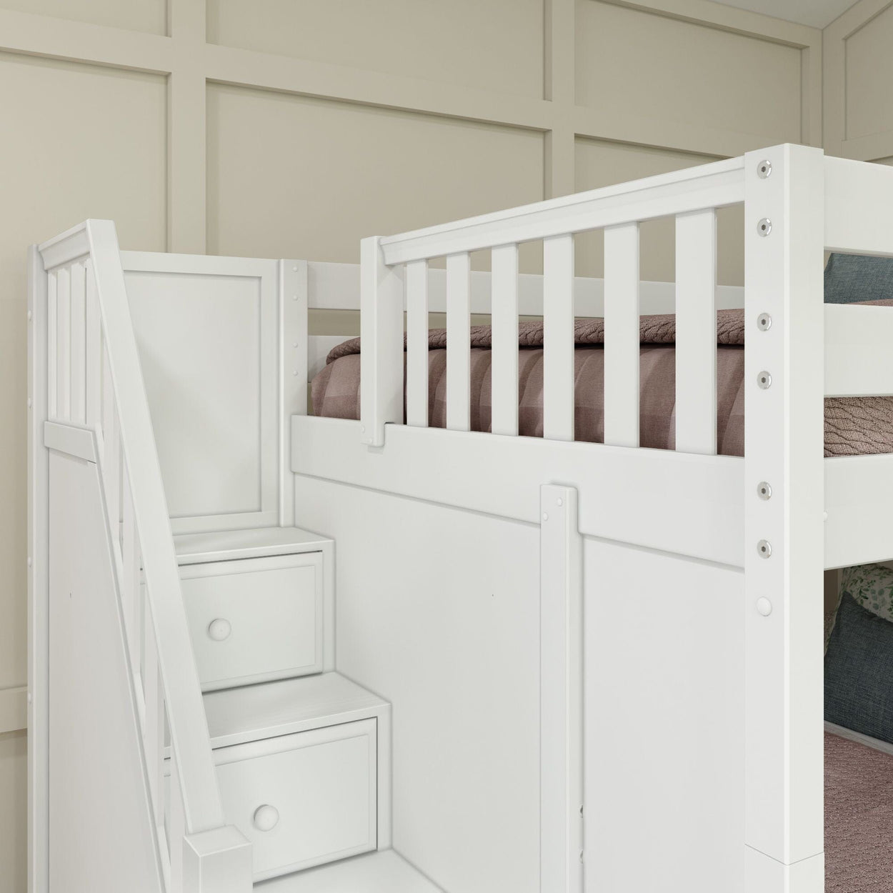 White wooden bunk bed with built-in staircase and storage drawers in a modern bedroom setting.