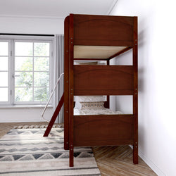 Wooden bunk bed with side ladder in a bright, modern bedroom with large windows.