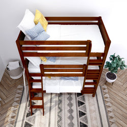Cozy wooden bunk bed with white bedding, decorative pillows, and a plant in modern bedroom.
