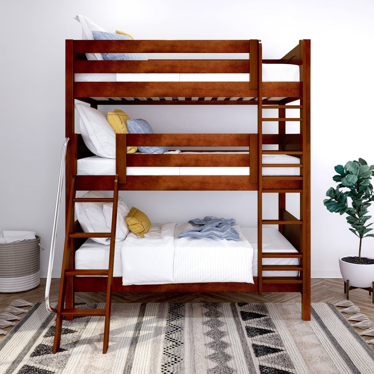Triple-layer wooden bunk bed with white and blue bedding in a modern bedroom setting.