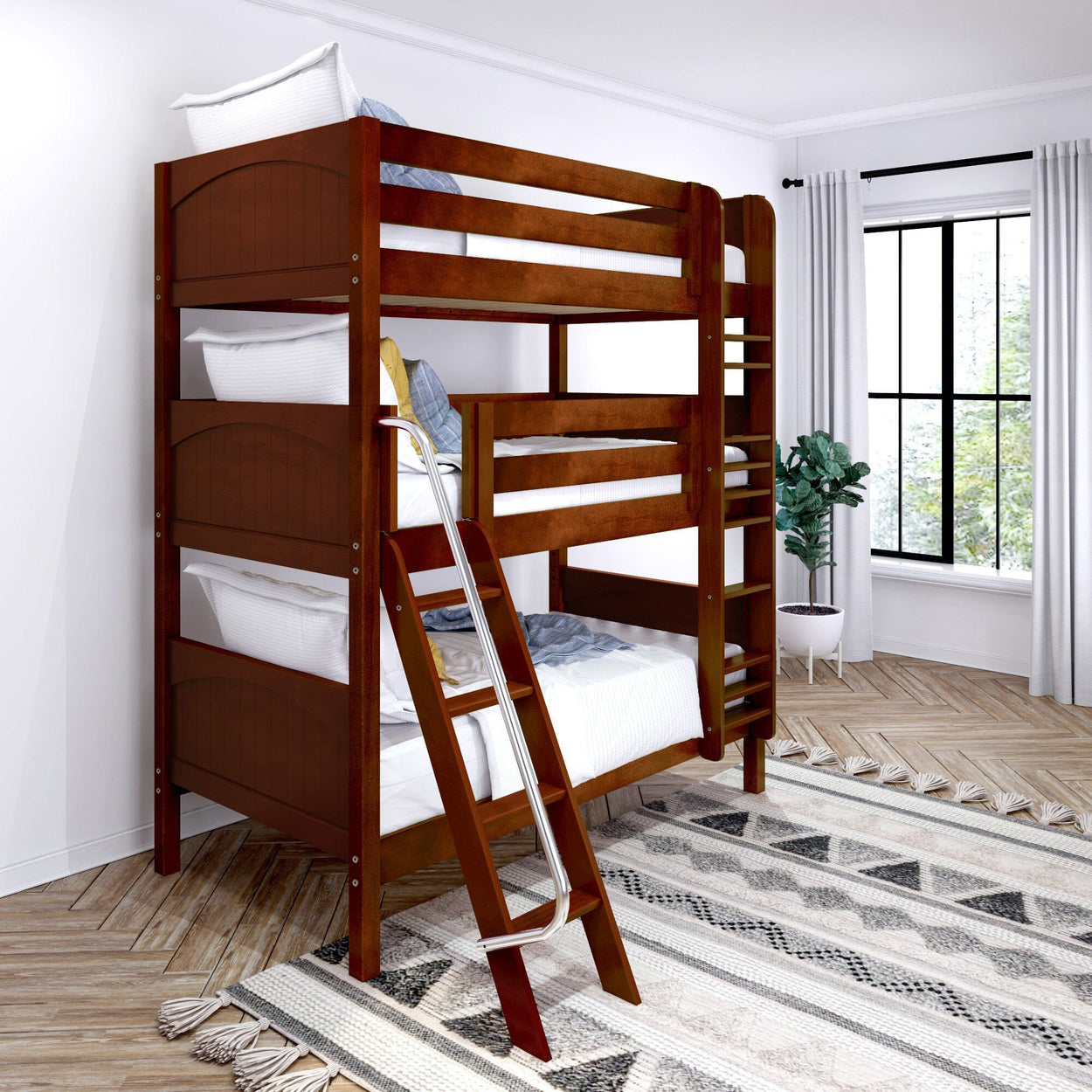 Wooden bunk bed with ladder in modern bedroom interior featuring geometric rug and large window.