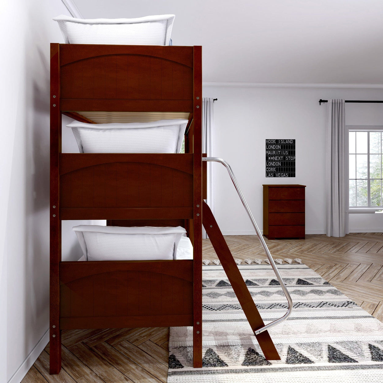 Stylish triple bunk bed with ladder in modern bedroom setting.