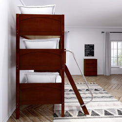 Stylish triple bunk bed with ladder in modern bedroom setting.