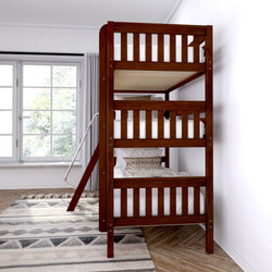 Wooden bunk bed in a modern bedroom with natural light from a large window.