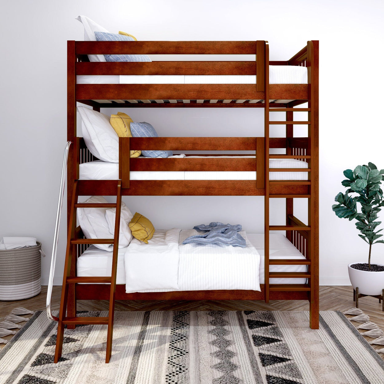 Triple bunk bed with wooden frame, white bedding, and colorful pillows in a modern bedroom setting.