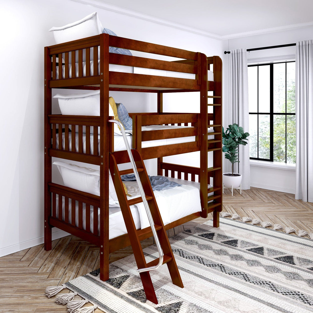 Wooden triple bunk bed with ladder in modern bedroom setting.