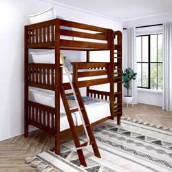 Wooden triple bunk bed with ladder in modern bedroom setting.