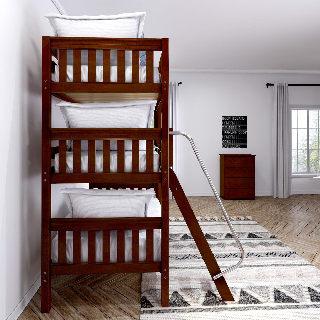 Triple decker bunk bed in modern bedroom with hardwood flooring and natural light.