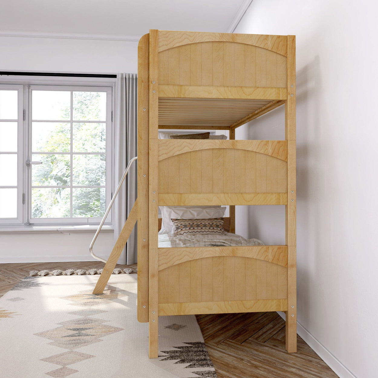 Wooden bunk bed in a bright, modern bedroom with large windows.