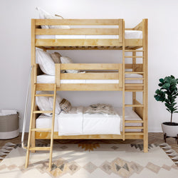 Wooden bunk bed with ladder in modern bedroom, featuring cozy white bedding and decorative pillows.
