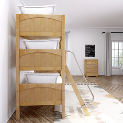 Three-tier wooden bunk bed with metal ladder in modern bedroom, showcasing minimalist design and ample natural light through window.