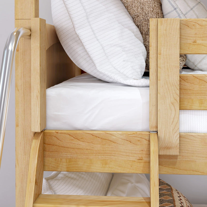 Close-up of wooden bunk bed with natural wood ladder, white striped pillow and crisp white mattress linens for small-space bedrooms