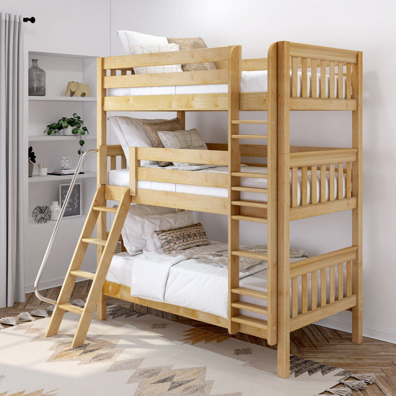 Natural solid wood bunk bed with ladder and guardrails in modern kids bedroom, white linens and neutral decorative pillows