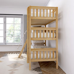 Wooden triple bunk bed in modern bedroom with natural light through window.