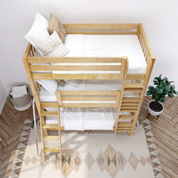 Wooden bunk bed with ladder in cozy bedroom setting featuring geometric rug and decorative pillows.