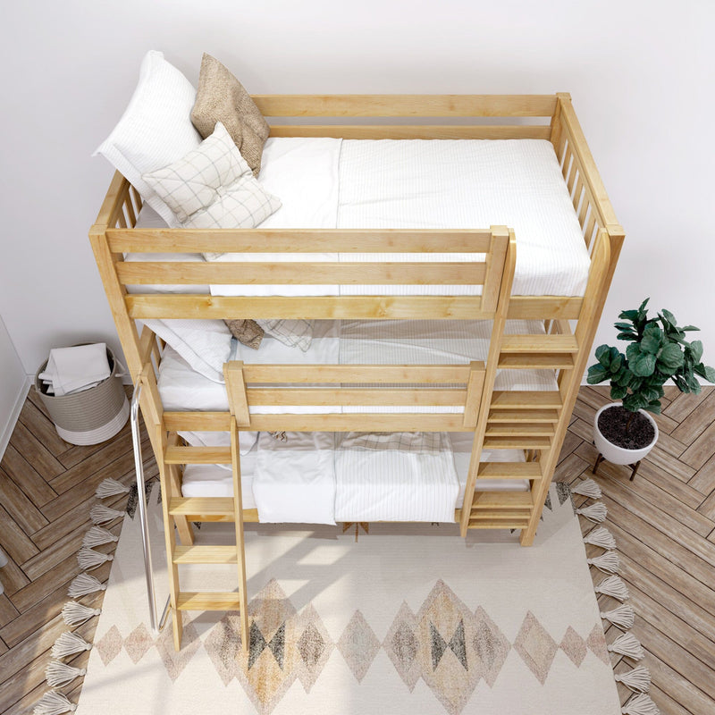Natural wood bunk bed with white bedding, neutral pillows, ladder and boho rug in Scandinavian kids' bedroom with potted plant