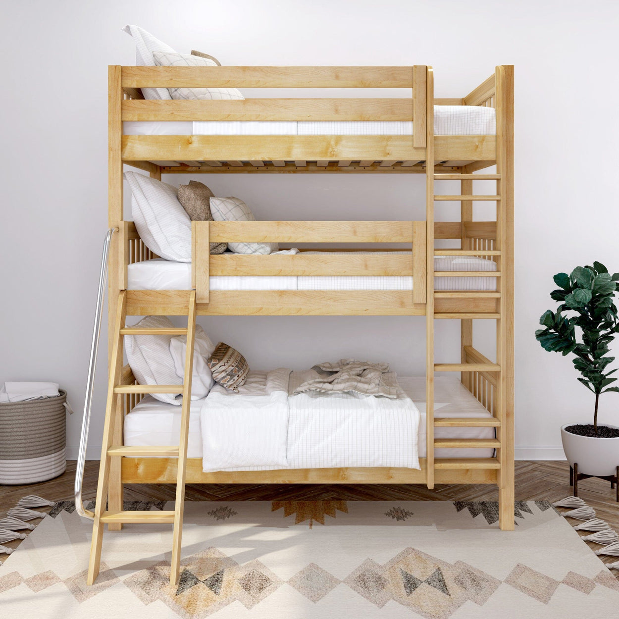 Triple bunk bed made of natural wood with white bedding, featuring built-in ladders and modern design, perfect for kids' room.