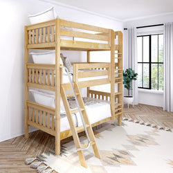 Triple bunk bed in a modern bedroom with natural wood finish and ladder, featuring cozy bedding and a window view.