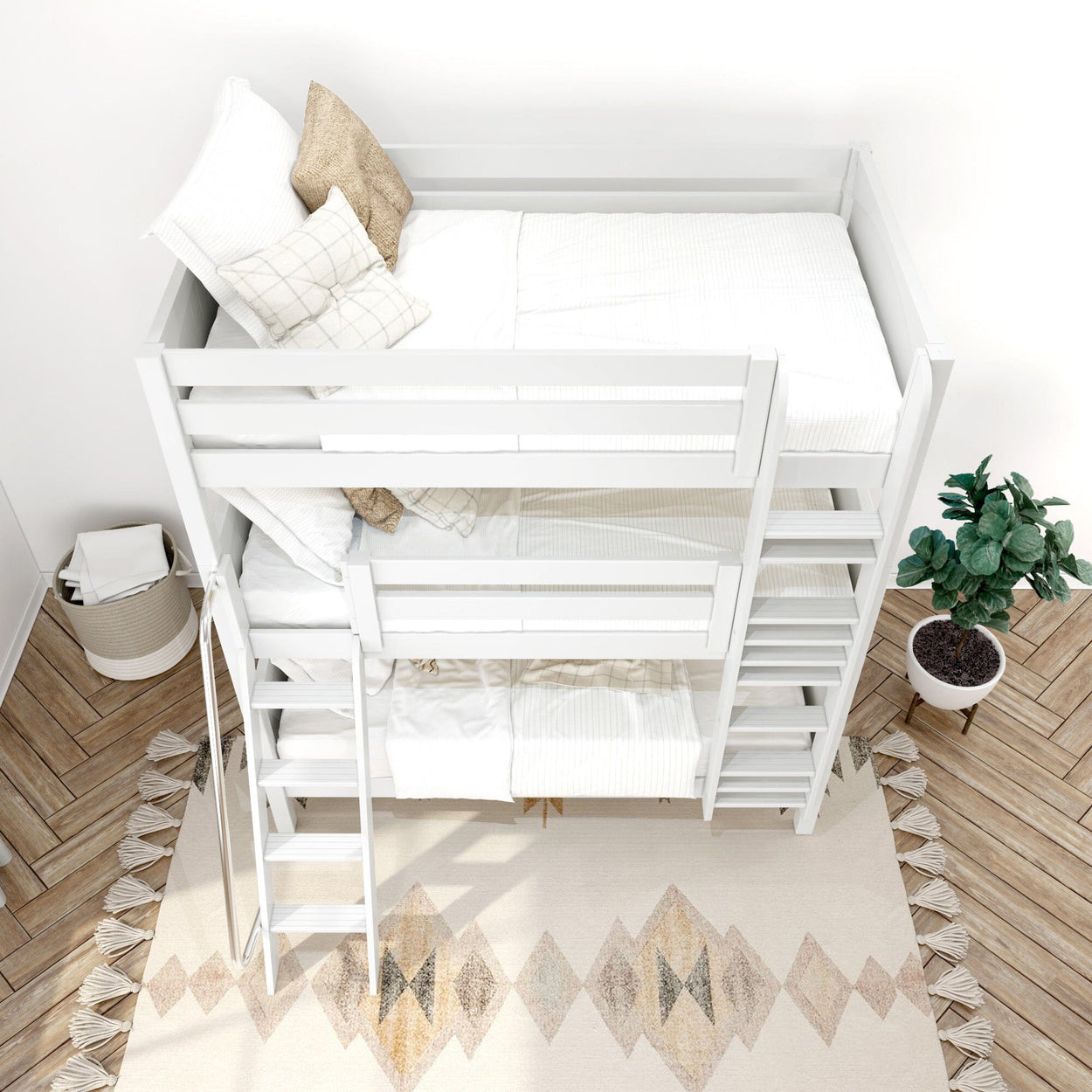 White bunk bed with white bedding in a modern bedroom with wooden floor, geometric rug, and indoor plant.