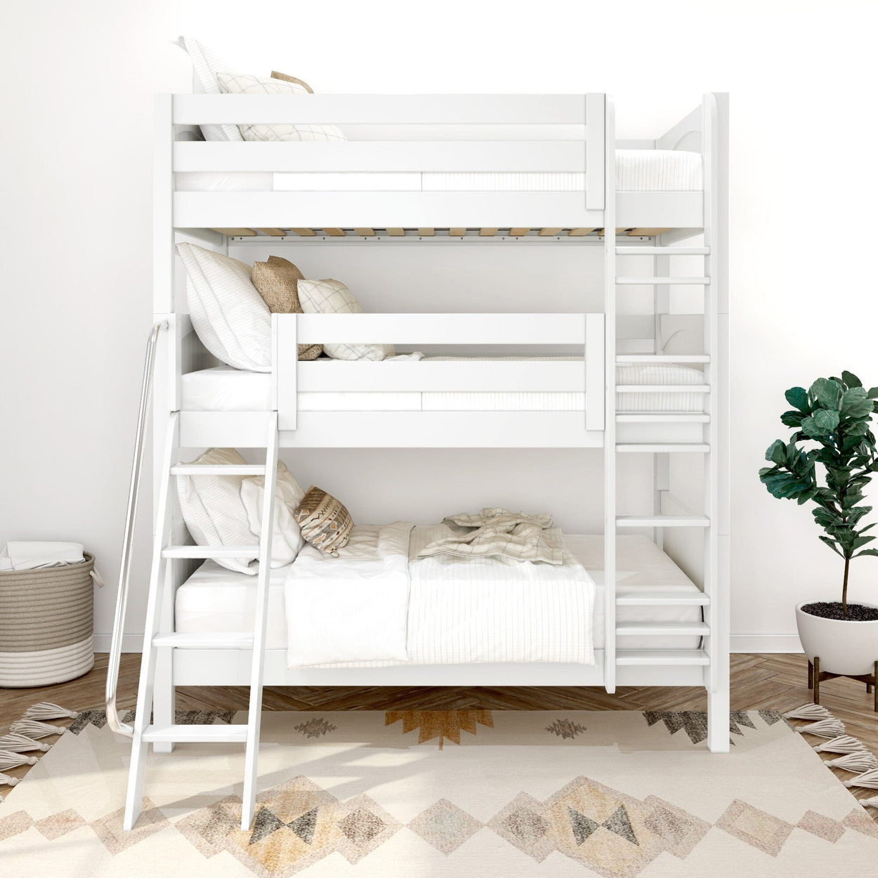 White bunk bed with cozy bedding in a modern bedroom setting, featuring a geometric rug and potted plant.