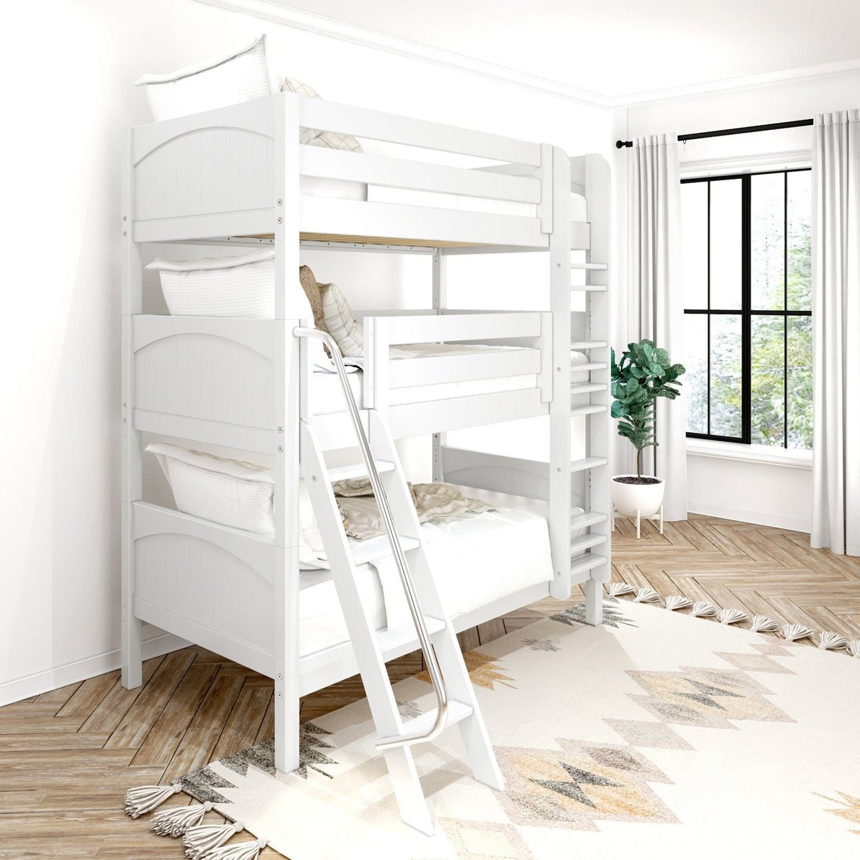 White triple bunk bed with ladder in modern bedroom featuring large window and potted plant.