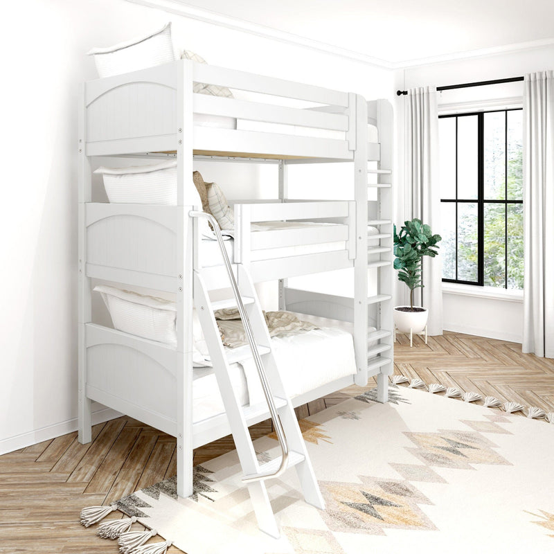 White wooden triple bunk bed with ladder and neutral bedding in bright kids' bedroom with large window, white curtains, potted plant and herringbone hardwood floor