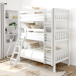 White triple bunk bed with ladder in modern bedroom setting, featuring cozy bedding and decorative pillows, ideal for maximizing space in a small room.