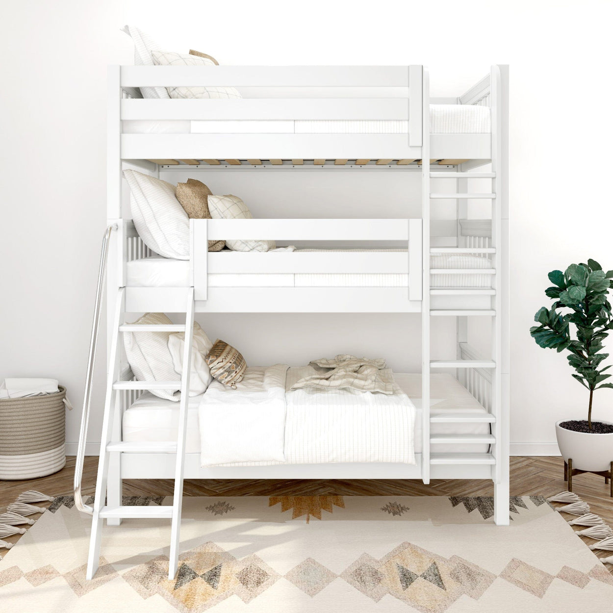 White triple bunk bed with ladder in modern bedroom featuring decorative pillows and a plant.