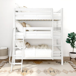 White triple bunk bed with ladder in modern bedroom featuring decorative pillows and a plant.
