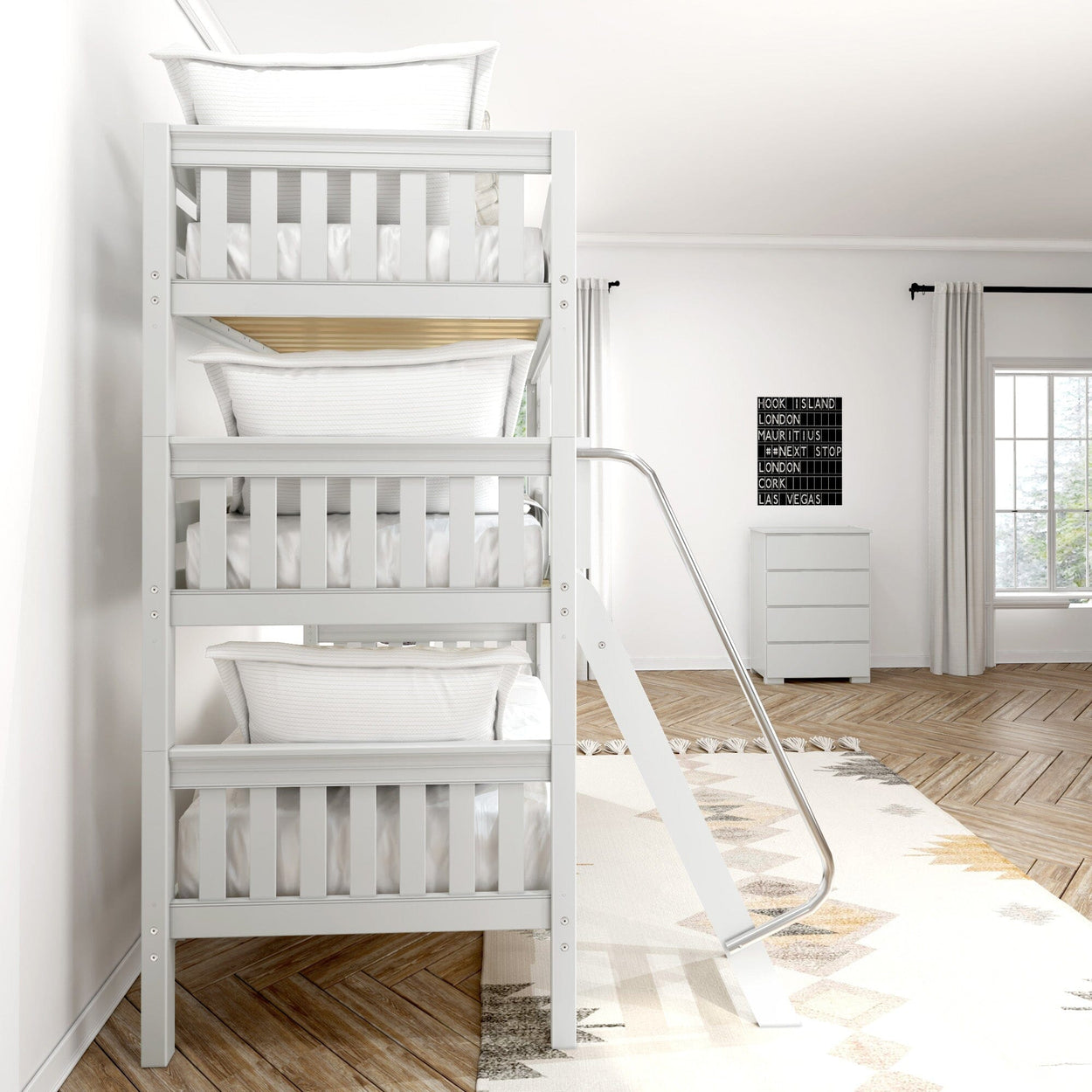 Modern white triple bunk bed in a bright, stylish bedroom with wooden floors and natural light.