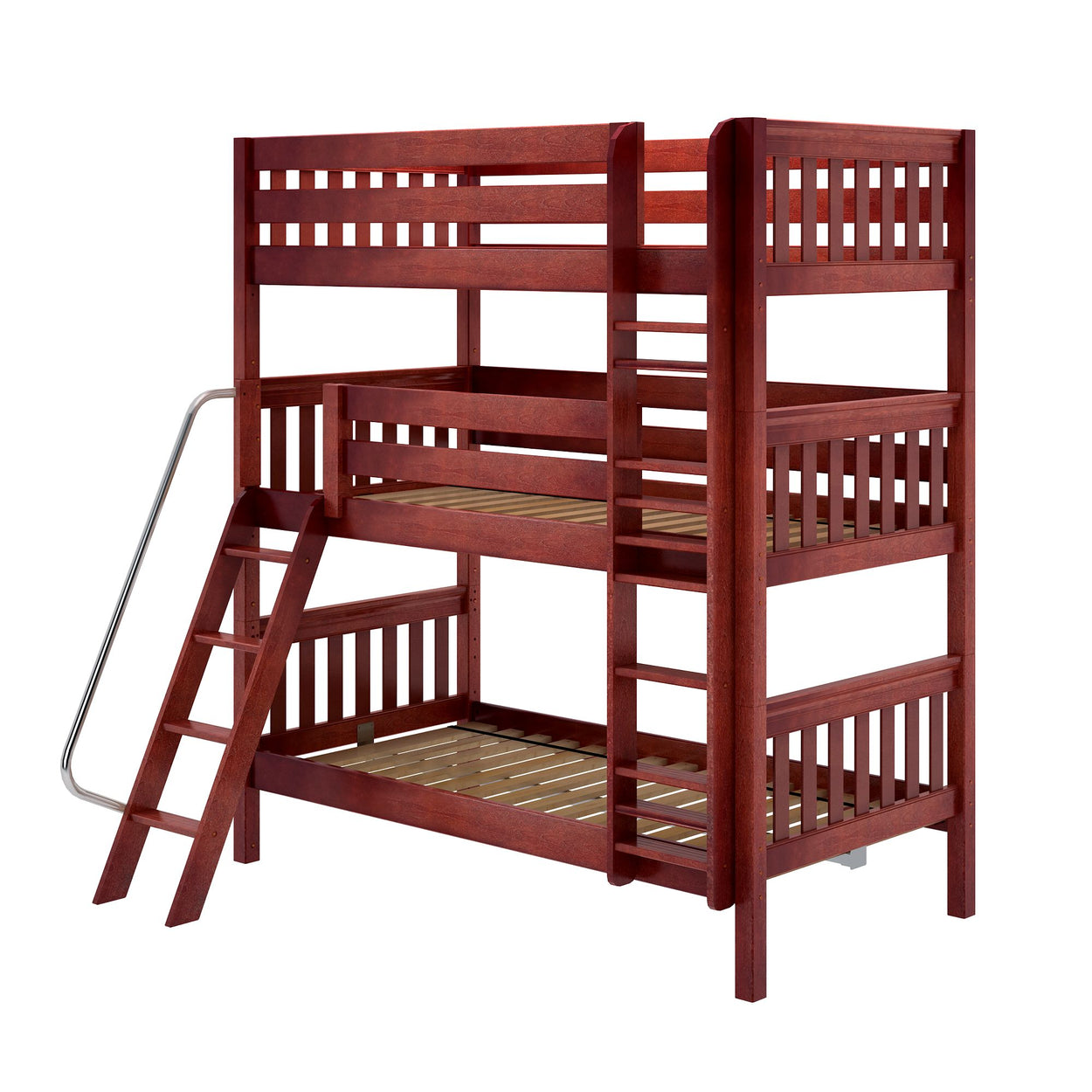 Triple bunk bed with ladder in rich mahogany finish for kids' bedroom furniture.