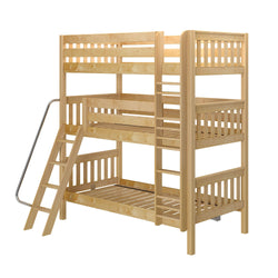 Wooden triple bunk bed with ladder and guardrails for kids' bedroom.