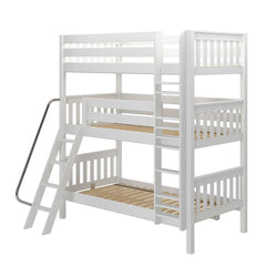 White triple bunk bed with ladder and guardrails for kids' bedroom.