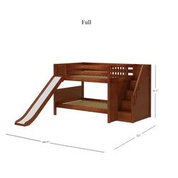 Full-size wooden loft bed with slide, staircase, and storage drawers, 61.5 inches high and 122 inches long.