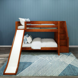 Wooden bunk bed with slide and storage stairs in a modern children's bedroom.