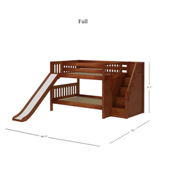 Full-size wooden bunk bed with slide and staircase for kids.