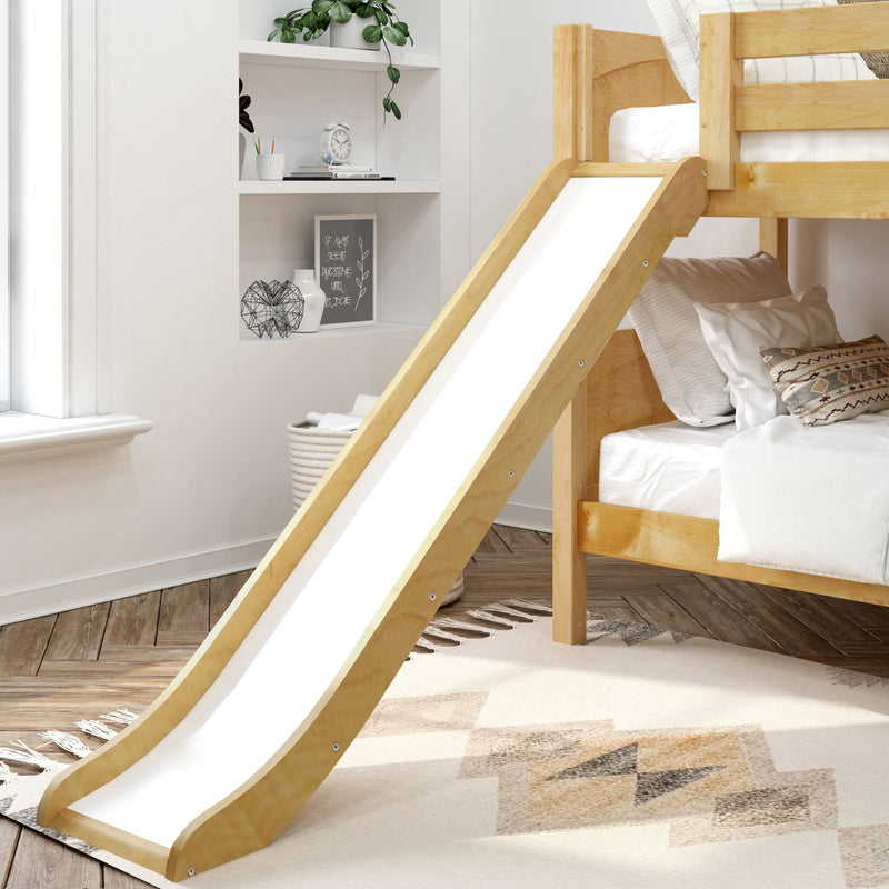 Neutral kids bedroom with natural wood bunk bed and slide, white bedding, patterned pillows and built-in shelves
