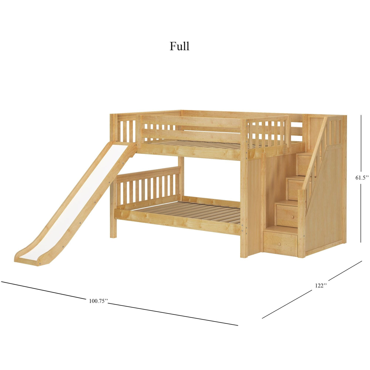Wooden full-size bunk bed with slide and staircase for kids' bedroom.