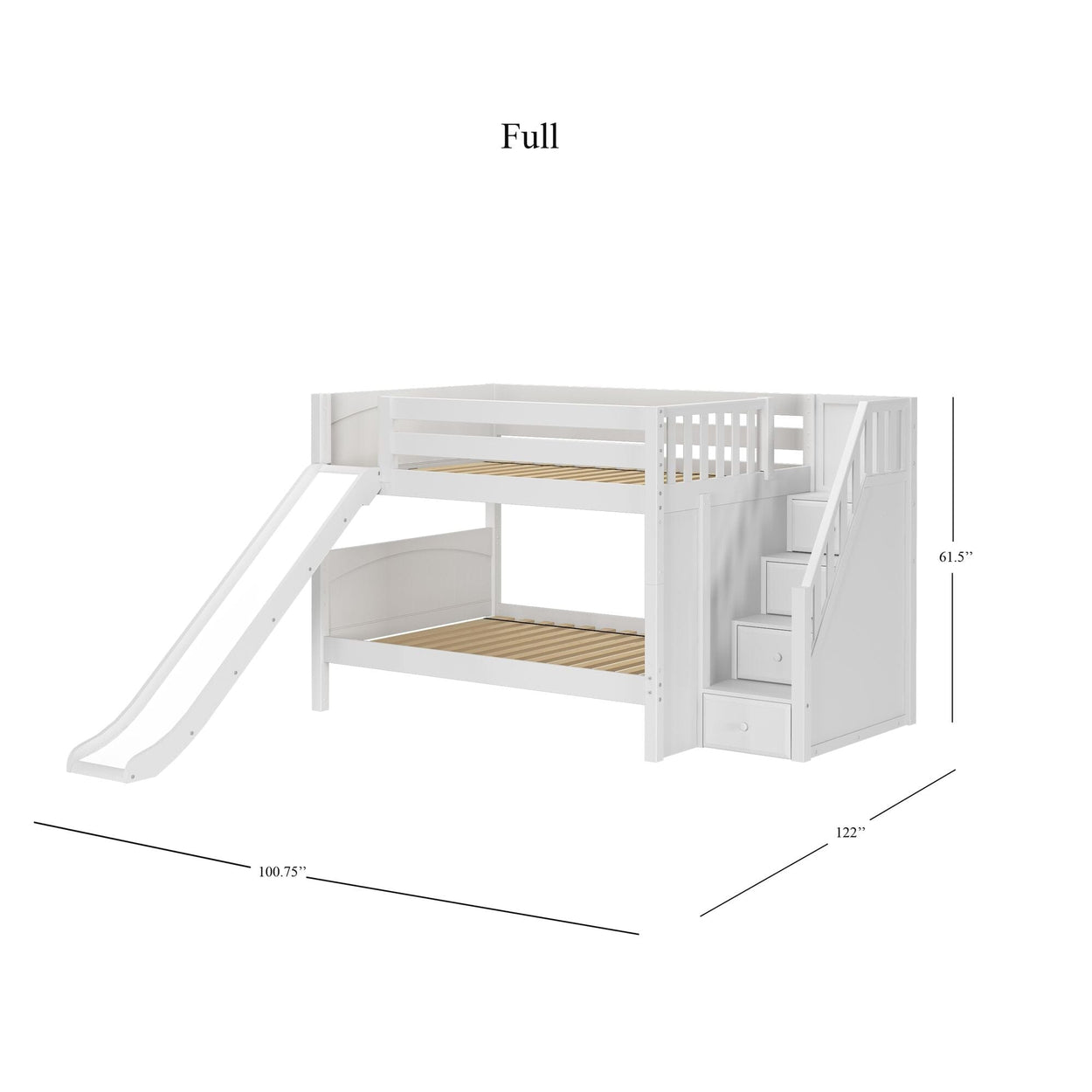 White full-size loft bunk bed with integrated slide and storage stairs, dimensions labeled.
