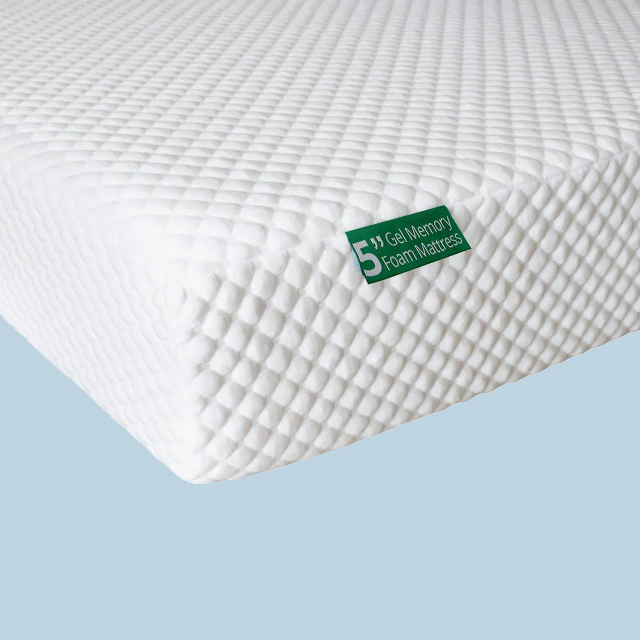 5-inch gel memory foam mattress with textured white cover for enhanced comfort.