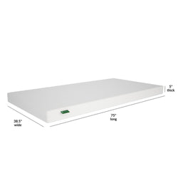 White twin mattress measuring 75 inches long, 38.5 inches wide, and 5 inches thick, ideal for comfortable sleeping.