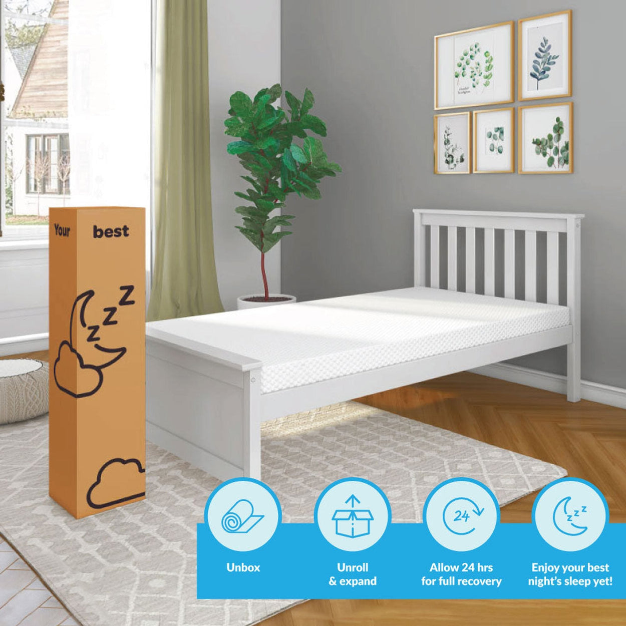 Compact mattress setup with bed frame and instructions for optimal sleep experience.