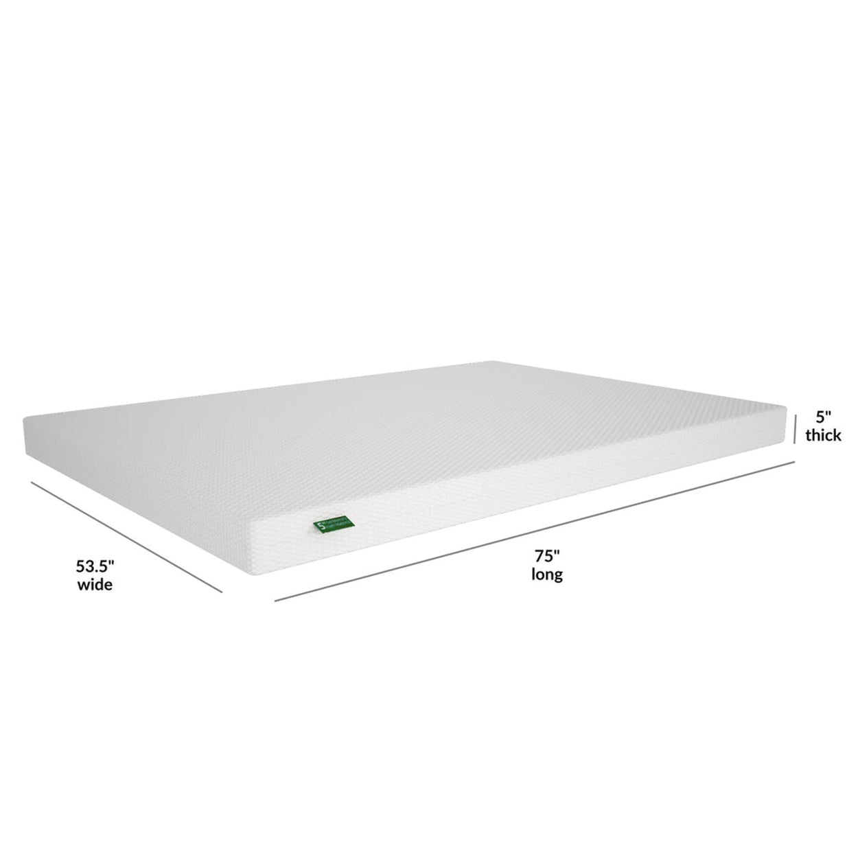 Full-size 5-inch thick memory foam mattress, 53.5 inches wide by 75 inches long, for optimal comfort and support.