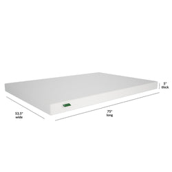 Full-size 5-inch thick memory foam mattress, 53.5 inches wide by 75 inches long, for optimal comfort and support.