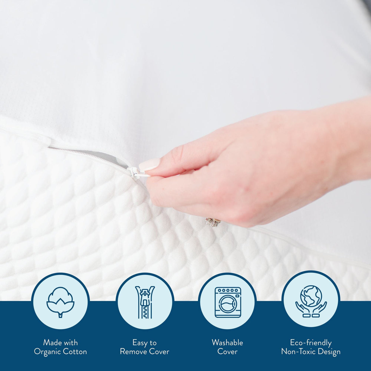 Hand unzipping organic cotton pillow cover, highlighting easy removal, washable design, and eco-friendly non-toxic materials.
