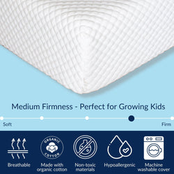 Medium firmness kids pillow made with breathable, hypoallergenic, organic cotton; non-toxic materials and machine washable cover.