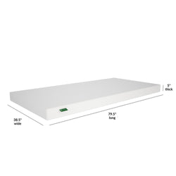 Twin XL foam mattress measuring 79.5 inches in length, 38.5 inches in width, and 5 inches in thickness, ideal for comfort and support.