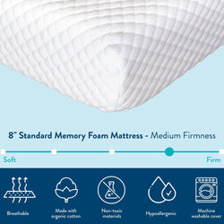 8-inch medium firmness memory foam mattress, breathable, hypoallergenic, organic cotton, non-toxic materials, machine washable cover.
